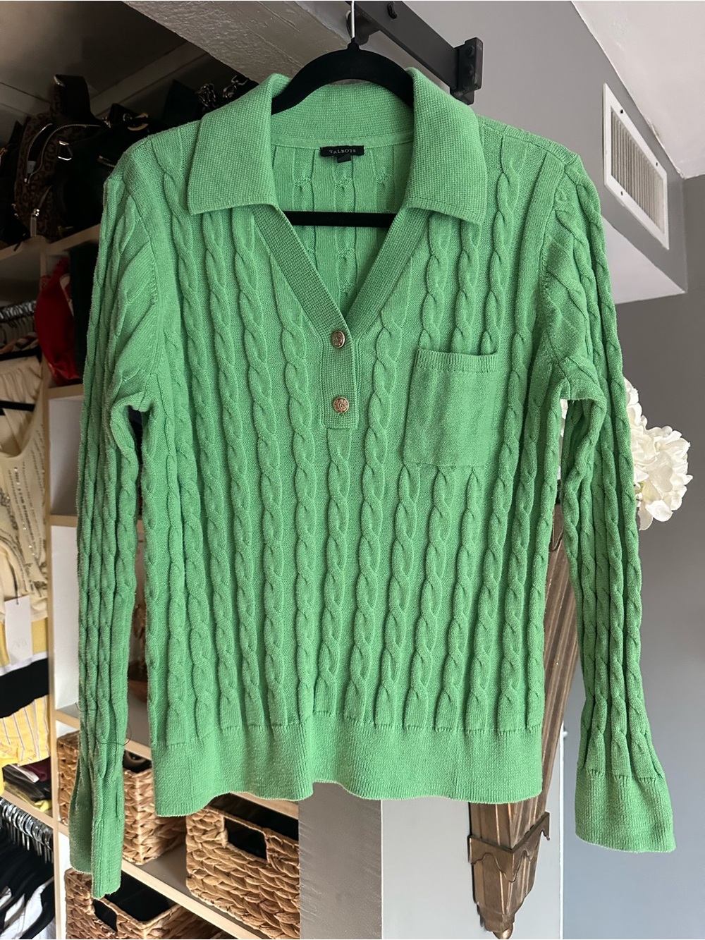 Talbots Green Cable Knit Collared Sweater with Pocket